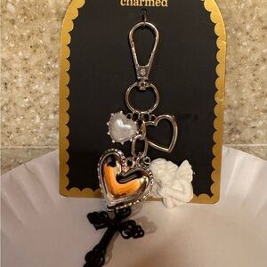 Angel Charmed Silver Heart Keychain or Bookbag Charms with Cross and Flower